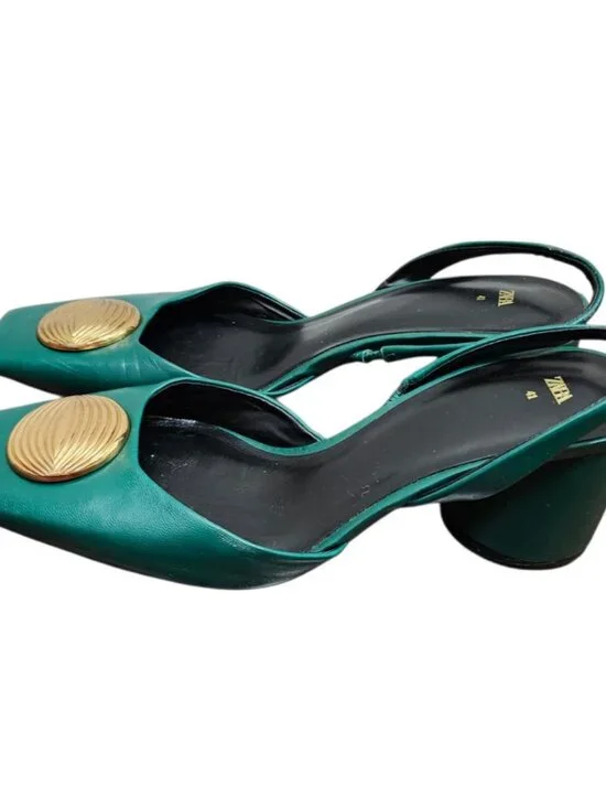 ZARA Green Leather Slingback Heels Gold Medallion Block Heel Women’s EU 41 US 10 - Picture 8 of 15